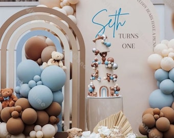 Kit com 111 peças de balões em formato de urso, nas cores azul-acinzentado e caramelo, para festa de chá de bebê, revelação de gênero, aniversário, casamento, estilo boho e chá de panela.
