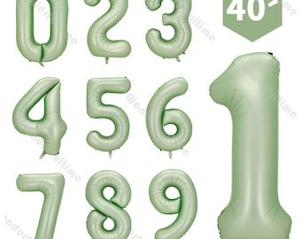 Può includere: Un set di dieci palloncini in lamina verde a forma di numeri da 0 a 9. I palloncini sono gonfiati e pronti per essere utilizzati per una festa o una celebrazione. Il numero 40 è incluso anche in un palloncino separato a forma di esagono.