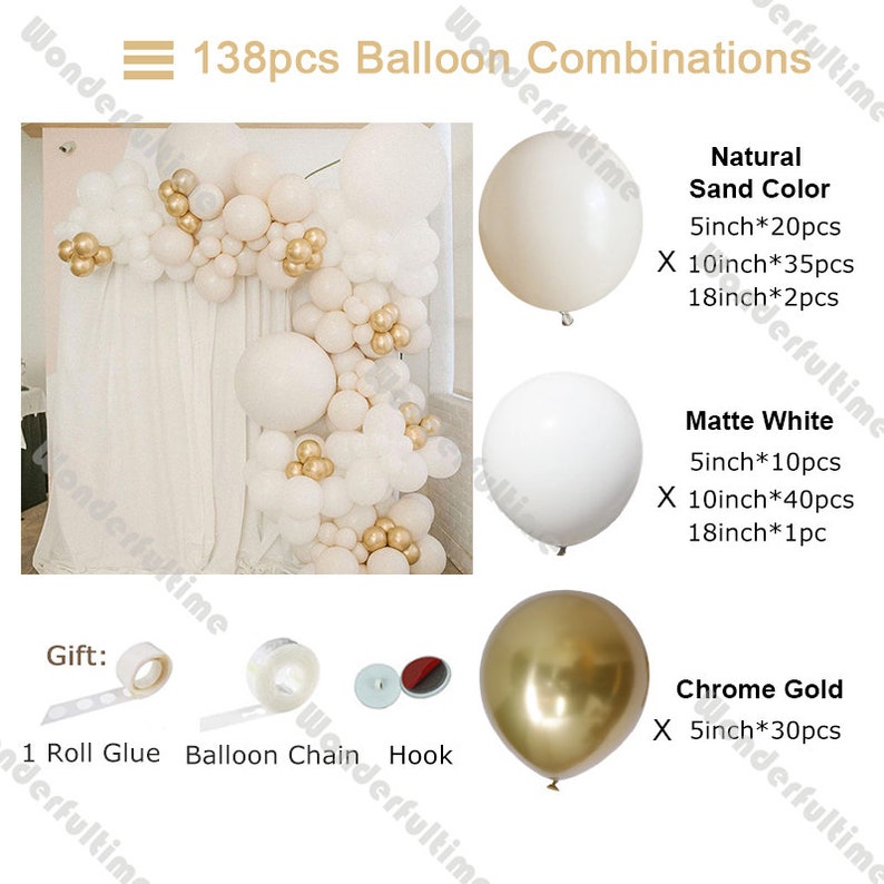 136pcs Natural Sand Balloon Arch White Gold Balloons Garland Kit Bridal ...