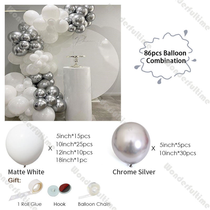 86pcs Matte White Chrome Silver Balloon Garland Arch Kit Wedding