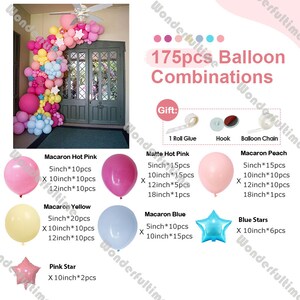 May include: A set of 175 balloons in various colors and sizes, including pink, peach, yellow, blue, and white. The balloons are arranged in a decorative arch, with some balloons in the shape of stars. The set includes 1 roll of glue, a hook, and a balloon chain.