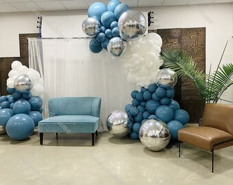 94/131pcs Slate Blue Matte White 4D Silver Balloons Arch Garland Kit Wedding Supplies Baby Shower Decorations Boy Birthday First Party Decor