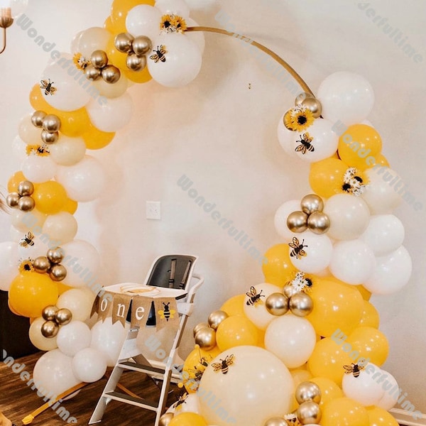 131pcs Lemon Beige Bee Day Balloons Garland Arch Kit Baby Shower Decoration Sand White Gold Balloon Decorations for 1st Birthday Party