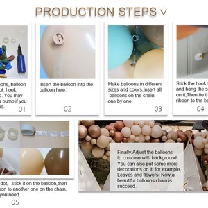 May include: A step-by-step guide on how to make a balloon garland. The steps include preparing the balloons, inserting them into a balloon chain, and adding decorations. The final image shows a beautiful balloon garland with a variety of colors and sizes.