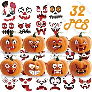 Op de afbeelding: Een afbeelding met zes oranje pompoenen met uitgesneden Halloween-gezichten, samen met stickervellen met extra gezichtskenmerken. De tekst "32 PCS" is ook zichtbaar. Thema: Halloween-decoraties.
