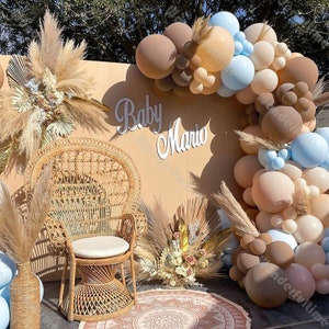 May include: A brown and beige balloon arch with blue balloons, pampas grass, and a wicker peacock chair. The backdrop is a light brown wall with the words "Baby Mario" written in white.