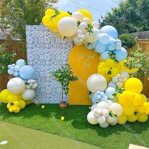 140pcs Boho Balloon Garland Blue Yellow Balloon Sfondo Baby Shower Gender Reveal Forniture per feste di compleanno Decorazione di nozze