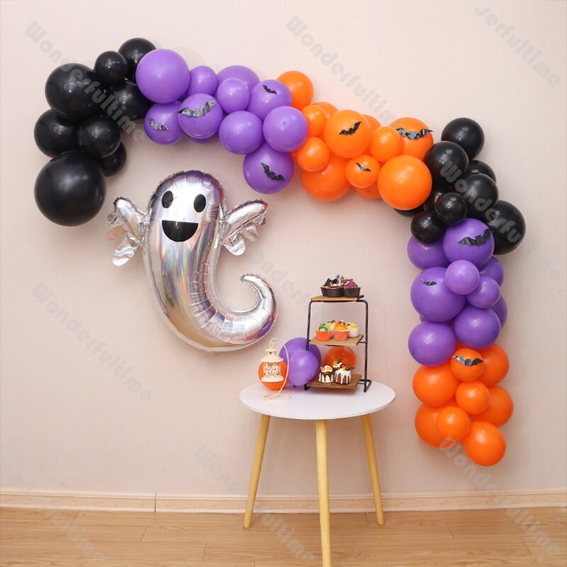 113pcs Spooky Balloon Arch Purple Black Orange Kid Halloween Balloons Fall Baby Shower Graduation Party Haunted House Party