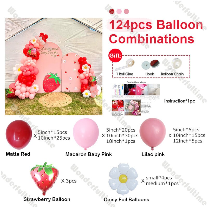 124pcs Sweet One Summer Balloon Arch Pastel Pink Red Balloons Baby