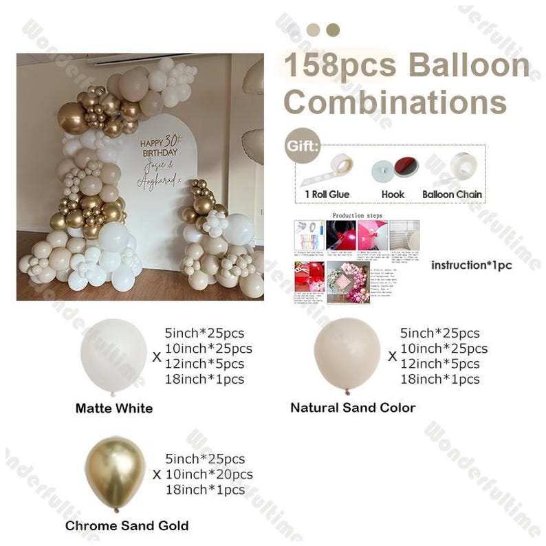 158pc Happy Birthday Balloon Garland Arch Kit Natural Sand White Gold ...