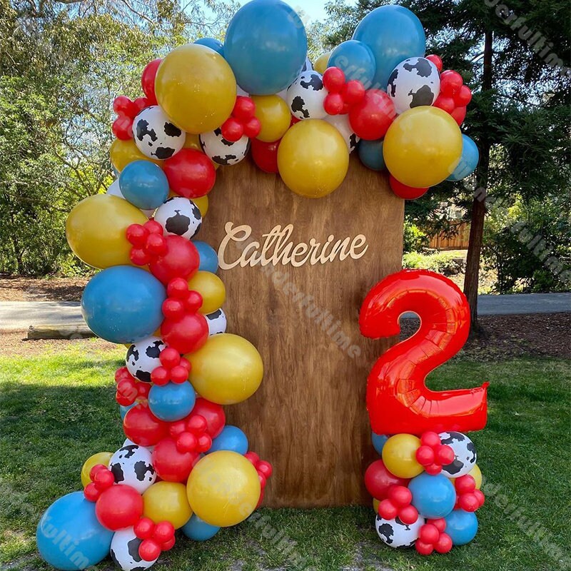 101pcs Western Balloon Arch Mustard Yellow Red Blue Cute Balloons Farm Animal Birthday Baby Shower Gender Reveal Holy Cow