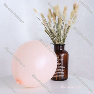 May include: A pale peach balloon with a smooth, shiny surface. The balloon is sitting on a white surface next to a brown glass vase filled with dried beige grass.