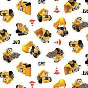 May include: A repeating pattern of yellow construction vehicles with black wheels and smiling faces on a white background. The word "CAT" is printed in black. Red traffic cones are also scattered throughout the design.