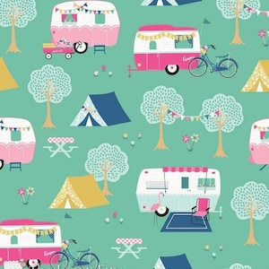 May include: A teal background featuring a repeating pattern of pink and white caravans, blue bicycles, yellow tents, trees, picnic tables, and bunting. The caravans have the word "Camper" on them.