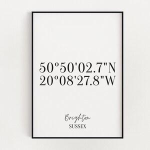 May include: Black and white print with the coordinates 50°50'02.7"N 20°08'27.8"W and the text "Brighton SUSSEX".