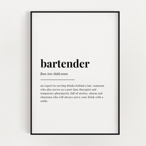 BARTENDER DEFINITION MEANING | Printable Wall Art | Bartender Gift | Digital Download Print | Instant Download