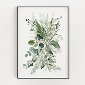 May include: A watercolour painting of a bouquet of green and white foliage with blue berries. The painting is framed in a black frame.