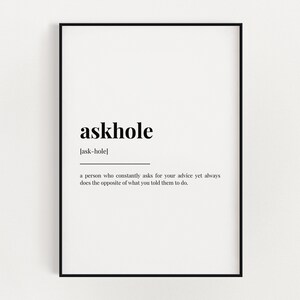 ASKHOLE BETEKENIS AFDRUKKEN | Afdrukbare muurkunst | Definitie Afdrukken | Offerte afdrukken | Digitale downloadafdruk