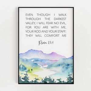 PSALM 23:4, Printable Scripture Wall Art, Digital Download, Christian Home Décor, Watercolour Print, Bible Verse Wall Art, Instant Download