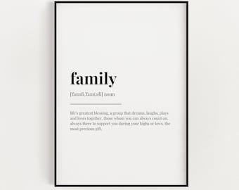 May include: Black and white printable wall art with the word "family" defined as "life's greatest blessing, a group that dreams, laughs, plays and loves together, those whom you can always count on. always there to support you during your highs or lows, the most precious gift."