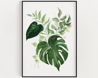 Botanical Print, Watercolour Plants, Tropical Wall Art, Green Leaf Prints, Leafy Wall Art, Home Decor, Bathroom Decor