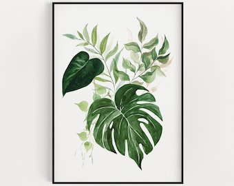 Botanische print, aquarel planten, tropische kunst aan de muur, groen blad prints, lommerrijke kunst aan de muur, woondecoratie, badkamerdecor