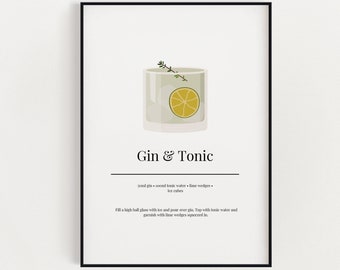 GIN AND TONIC Cocktail Printable Wall Art | Kitchen Wall Art | Cocktail Recipe Print | Instant Download | Digital Download | Bar Cart Decor