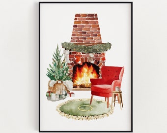 May include: Watercolor painting of a cozy Christmas scene. A brick fireplace with a roaring fire is flanked by a decorated Christmas tree and a red armchair. A small table holds a mug, and a green rug sits on the floor.