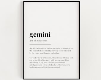 Instant Download Printable Wall Art, Gemini Definition Meaning, Gemini Gift, Digital Download Print, Quote Print, Gemini Definition Print