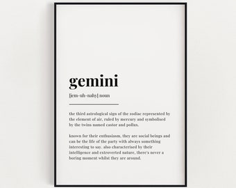 GEMINI DEFINITION PRINT, Wall Art Print, Gemini Gifts, Zodiac Gift, Astrology Gifts, Typography Print, Dictionary Print, Star Sign Gift