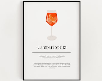 COCKTAIL PRINT | Campari Spritz, Kitchen Wall Art, Cocktail Wall Art, Kitchen Decor, Cocktail Poster, Bar Decor, Cocktail Glass, Drink Sign
