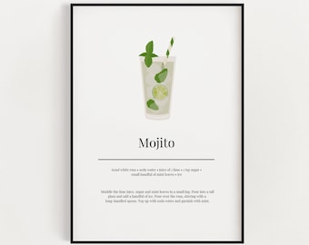 MOJITO COCKTAIL Arte murale stampabile / Arte murale per cucina / Stampa di ricette di cocktail / Download immediato / Download digitale / Arte di cocktail
