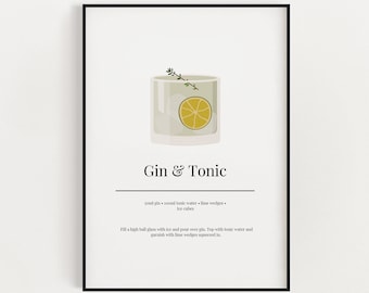 COCKTAIL PRINT | Gin and Tonic, Kitchen Wall Art, Cocktail Wall Art, Kitchen Decor, Cocktail Poster, Bar Decor, Cocktail Glass, Drink Sign