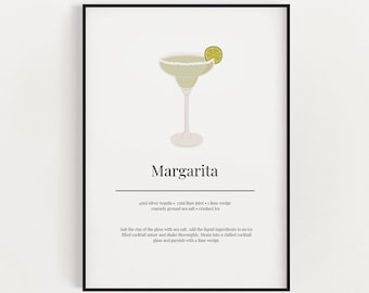 Op de afbeelding: Een printbare receptkaart voor een margaritacocktail. De kaart toont een eenvoudige illustratie van een margarita-glas met een limoenpartje als garnering. Het recept bevat de ingrediënten: zilver tequila, limoensap, limoenpartje, grof gemalen zeezout en crushed ice. De instructies zijn om de rand van het glas te zouten, de ingrediënten in een met ijs gevulde cocktailshaker te doen, goed te schudden, in een gekoeld cocktailglas te zeven en te garneren met een limoenpartje.
