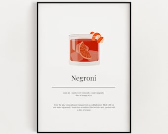 COCKTAILTRYCK | Negroni | Väggkonst för kök | Tryck av cocktailrecept | Cocktails | Kökstryck | Cocktailkonst | Köksdekor