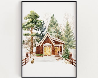 CHRISTMAS PRINT | Christmas Cabin Print | Christmas Wall Art | Festive Print | Xmas Decor | Christmas Decor | Winter Forest Print