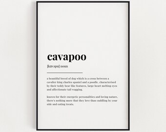 May include: A black and white printable definition of the word "cavapoo" which is a cross between a cavalier king charles spaniel and a poodle. The definition describes the cavapoo as a beautiful breed of dog with teddy bear features, large heart melting eyes, and an affectionate tail wagging. The cavapoo is known for its energetic personality and loving nature. The definition states that cavapoos love cuddling and eating treats.