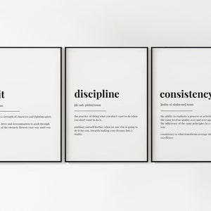 Set Of 3 Wall Art, Definition Print, Motivational Prints, Grit, Discipline, Consistency, Set of Three Prints, Housewarming Gift