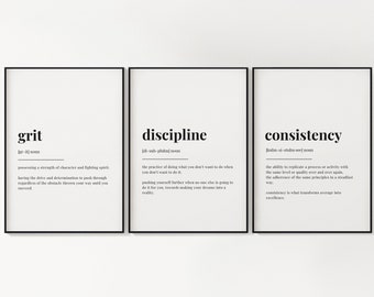 Set Of 3 Wall Art, Definition Print, Motivational Prints, Grit, Discipline, Consistency, Set of Three Prints, Housewarming Gift