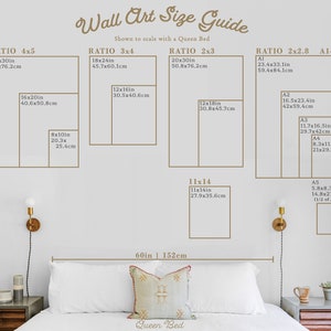 May include: A wall art size guide with different ratios and measurements in inches and centimetres. The guide shows how different sizes of wall art would look above a queen-sized bed. The guide includes ratios of 4x5, 3x4, 2x3, and 2x2.8. The guide also includes standard paper sizes A1, A2, A3, A4, and A5.