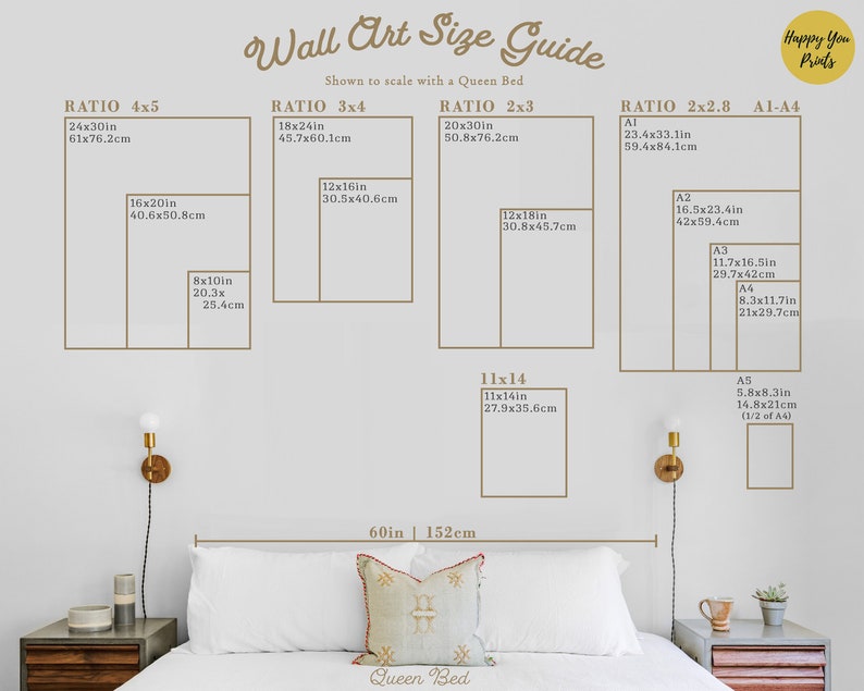 May include: A wall art size guide with different ratios and measurements in inches and centimetres. The guide shows how different sizes of wall art would look above a queen-sized bed. The guide includes ratios of 4x5, 3x4, 2x3, and 2x2.8. The guide also includes standard paper sizes A1, A2, A3, A4, and A5.
