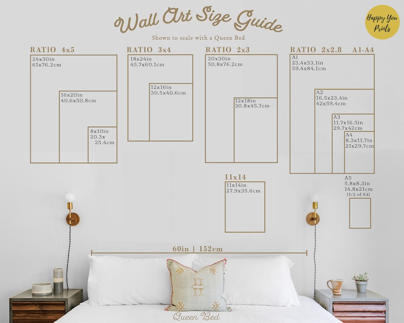 Peut inclure: Un guide des tailles d'art mural, pr&eacute;sent&eacute; &agrave; l'&eacute;chelle d'un lit queen-size. Le guide comprend diff&eacute;rents rapports d'aspect, notamment 4x5, 3x4, 2x3 et 2x2,8. Le guide comprend &eacute;galement des formats de papier standard, tels que A1, A2, A3, A4 et A5. Le guide est imprim&eacute; sur un fond blanc avec du texte et des lignes marrons.