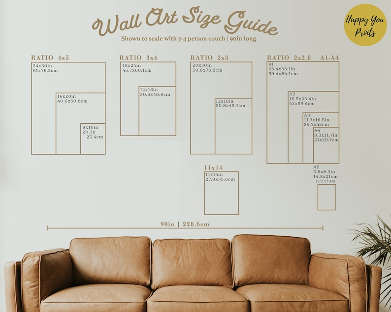 May include: A guide to wall art sizes, shown to scale with a 90-inch long couch. The guide includes different ratios, such as 4x5, 3x4, 2x3, and 2x2.8, with corresponding measurements in inches and centimeters.