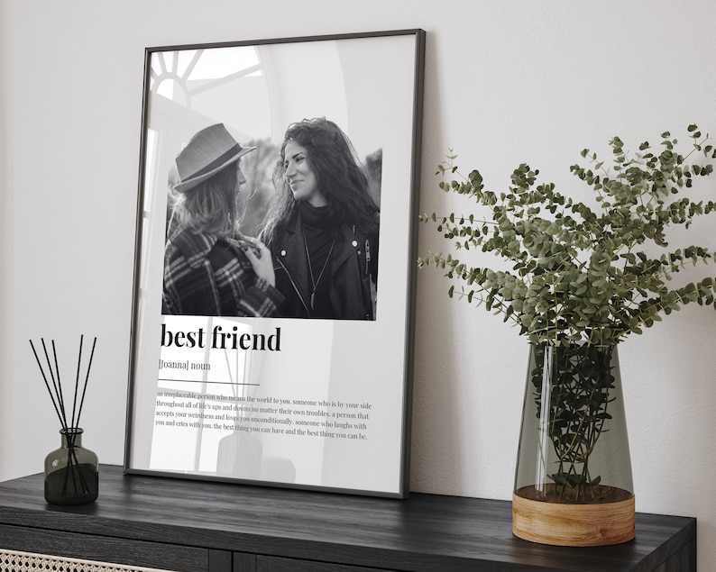 May include: Black and white photo of two women smiling at each other. The photo is in a frame and the text "best friend" is below the photo with the definition "[formal] noun a  tremendous person who knows the world to you, someone who is by your side throughout all of life's ups and downs no matter what your troubles, a person that accepts your weirdness and loves you unconditionally, someone who laughs with you and cries with you, the best thing you can have and the best thing you can be."