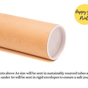 May include: A brown cardboard tube with a white end cap. The tube is used for shipping prints. The text "Happy You Prints" is on a yellow circle.