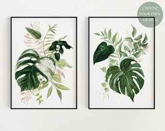 BOTANICAL PRINTS SET of 2 | Wall Art | Nature Prints | Watercolour Plants | Tropical Leaf Prints | Green Leaf Prints | Home Decor