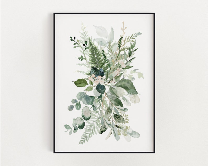 May include: A watercolour painting of a bouquet of green and white foliage with blue berries. The painting is framed in a black frame.