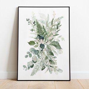 May include: A watercolour painting of a green and white floral bouquet. The bouquet is made up of various types of leaves and flowers, including eucalyptus, ferns, and berries.