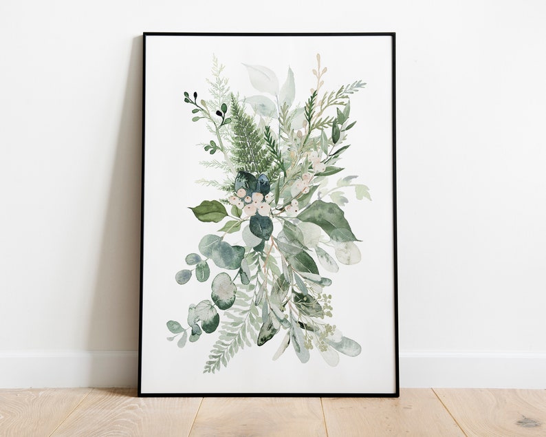 May include: A watercolour painting of a green and white floral bouquet. The bouquet is made up of various types of leaves and flowers, including eucalyptus, ferns, and berries.