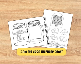 Könnte beinhalten: Schwarz-weiß bedruckbare Bastelbögen mit dem Text "I AM THE GOOD SHEPHERD JAR CRAFT". Die Bögen enthalten Gläserumrisse, Schafillustrationen und Anweisungen. Ein gelbes Banner unten lautet "I AM THE GOOD SHEPHERD CRAFT".